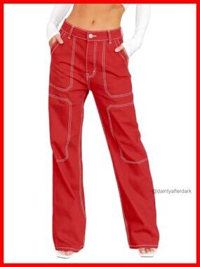 Cargo Jeans Wide Leg Loose Fit Mid Rise Denim Pants